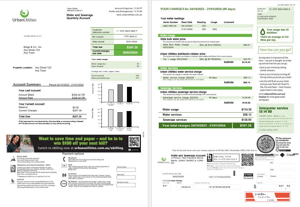 Australia Urban Utilities Word and Pdf business utility bill template 2 pages PSD template